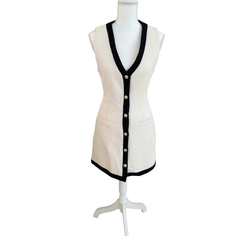 Clean Girl Abercrombie & Fitch Tweed Mini Dress White Black Gold Button S - Picture 2 of 10